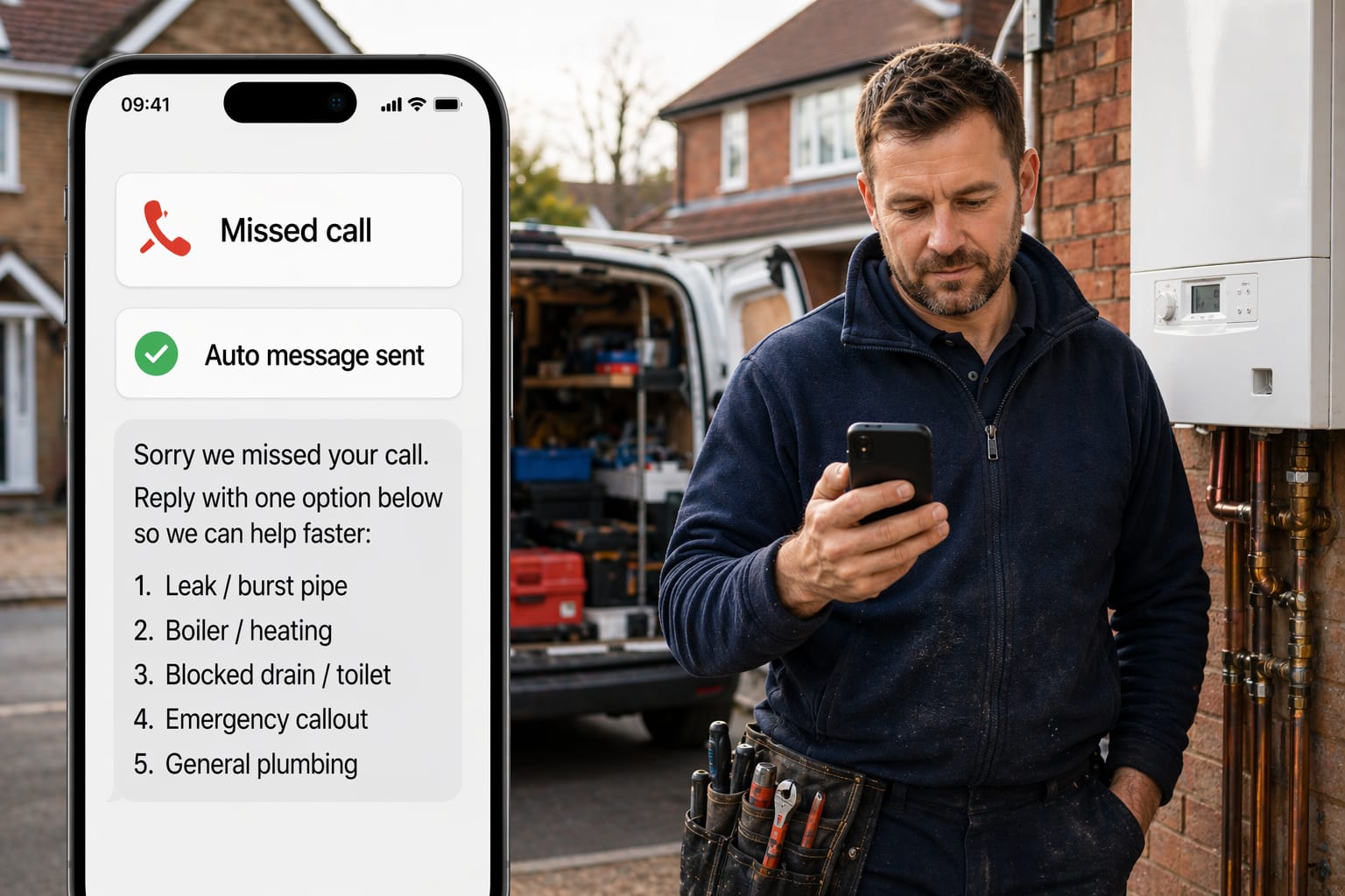 UK plumber checking missed call recovery message